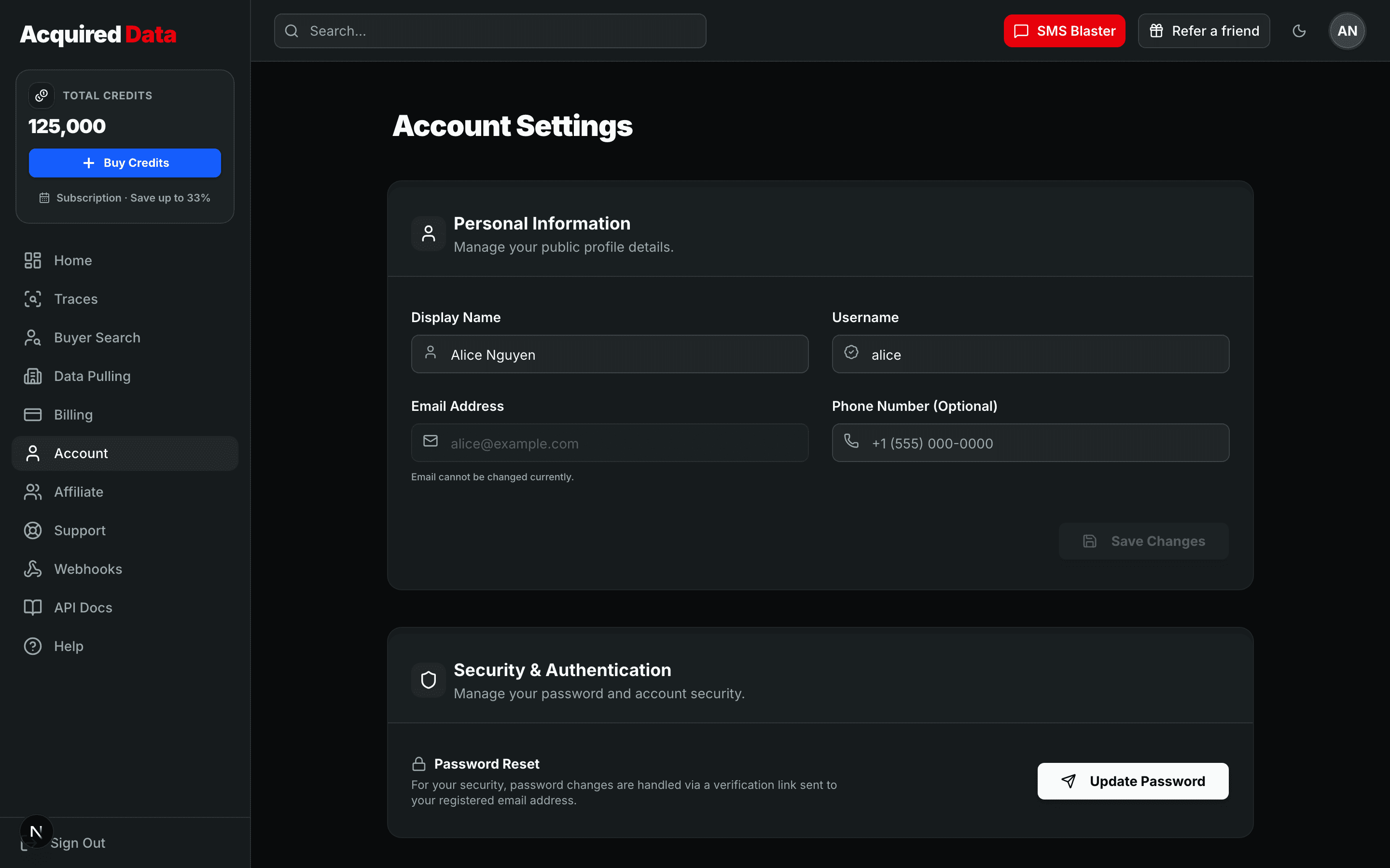 The Account Settings page with Personal Information fields and the Security & Authentication section for resetting your password.