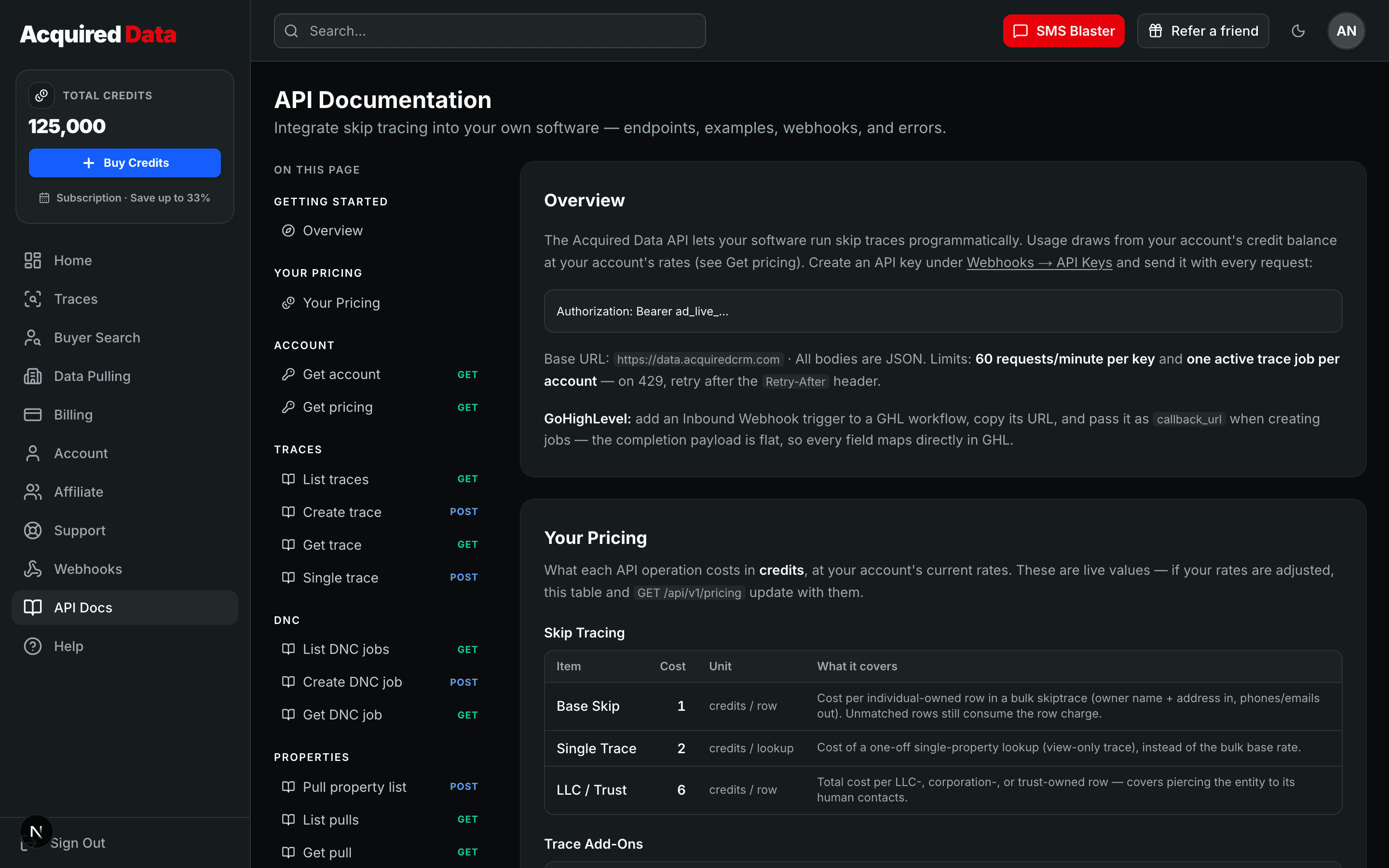 The in-dashboard API Documentation page with an endpoint sidebar, an Overview showing the Authorization Bearer header, and a per-account pricing table.