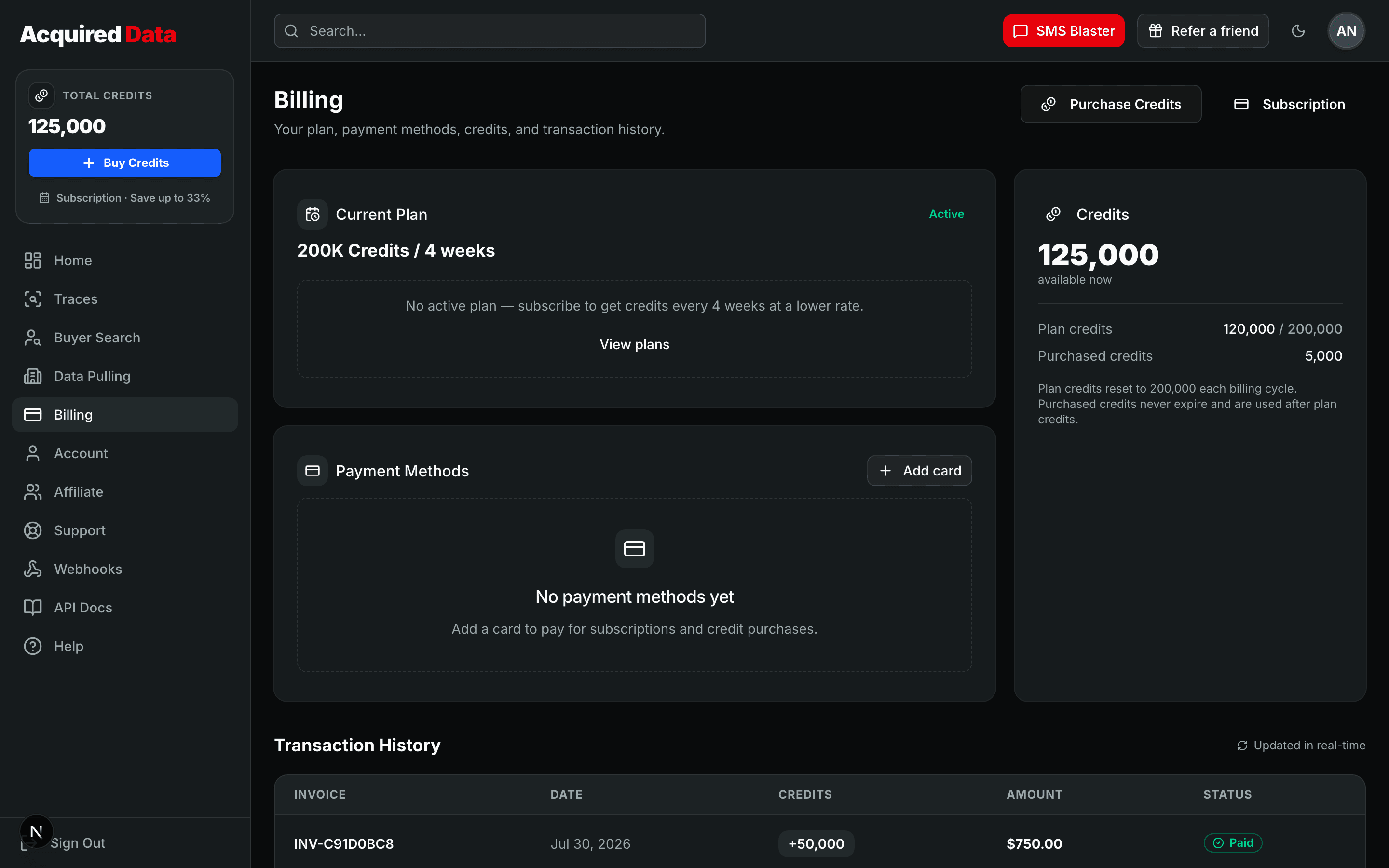 The Billing page showing the current plan card, a credits panel that splits plan credits from purchased credits, saved payment methods, and transaction history.