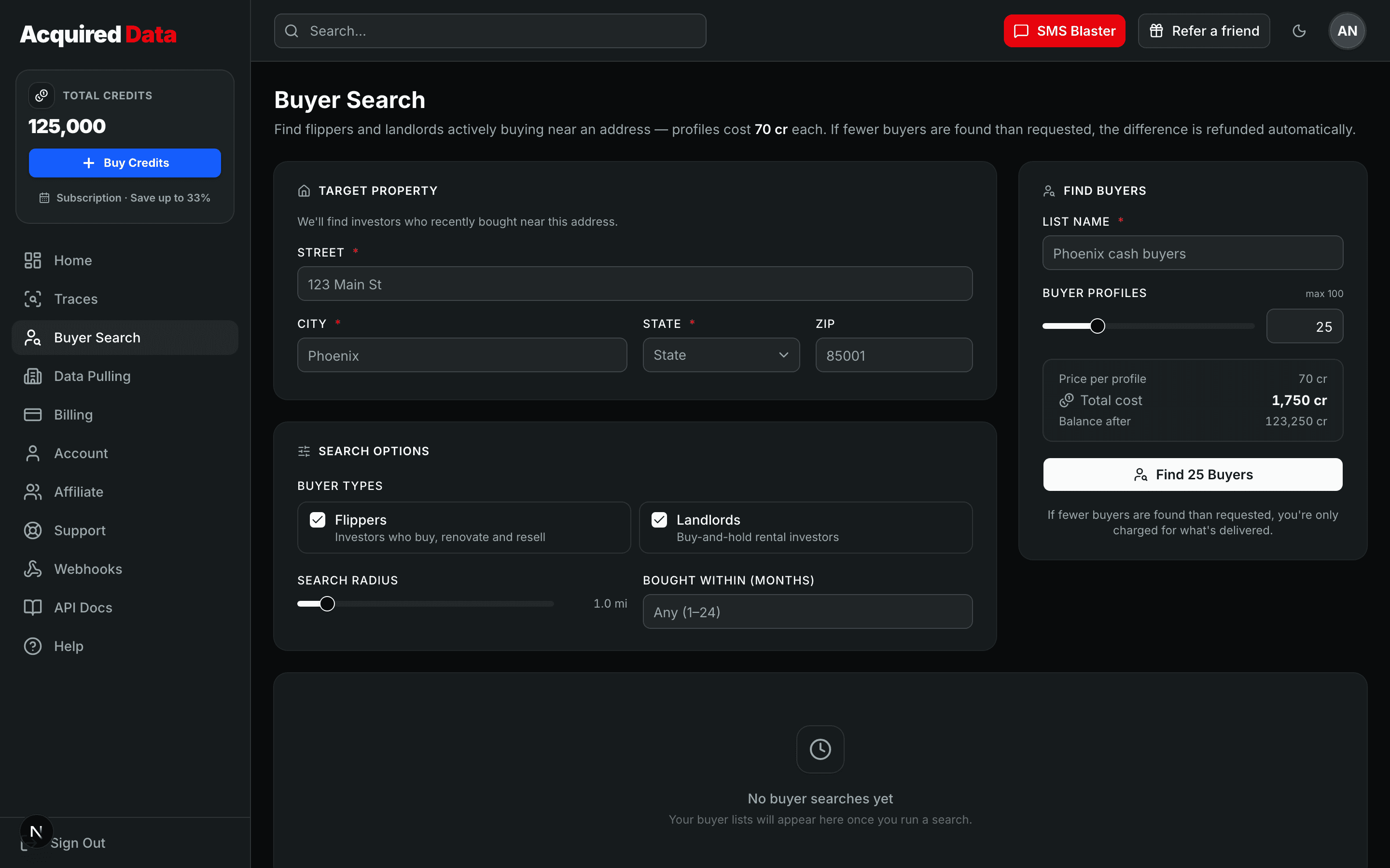 The Buyer Search page with a target property address form, Flippers and Landlords buyer-type options, a search radius control, a list name field, the per-profile price, and a Find Buyers button.