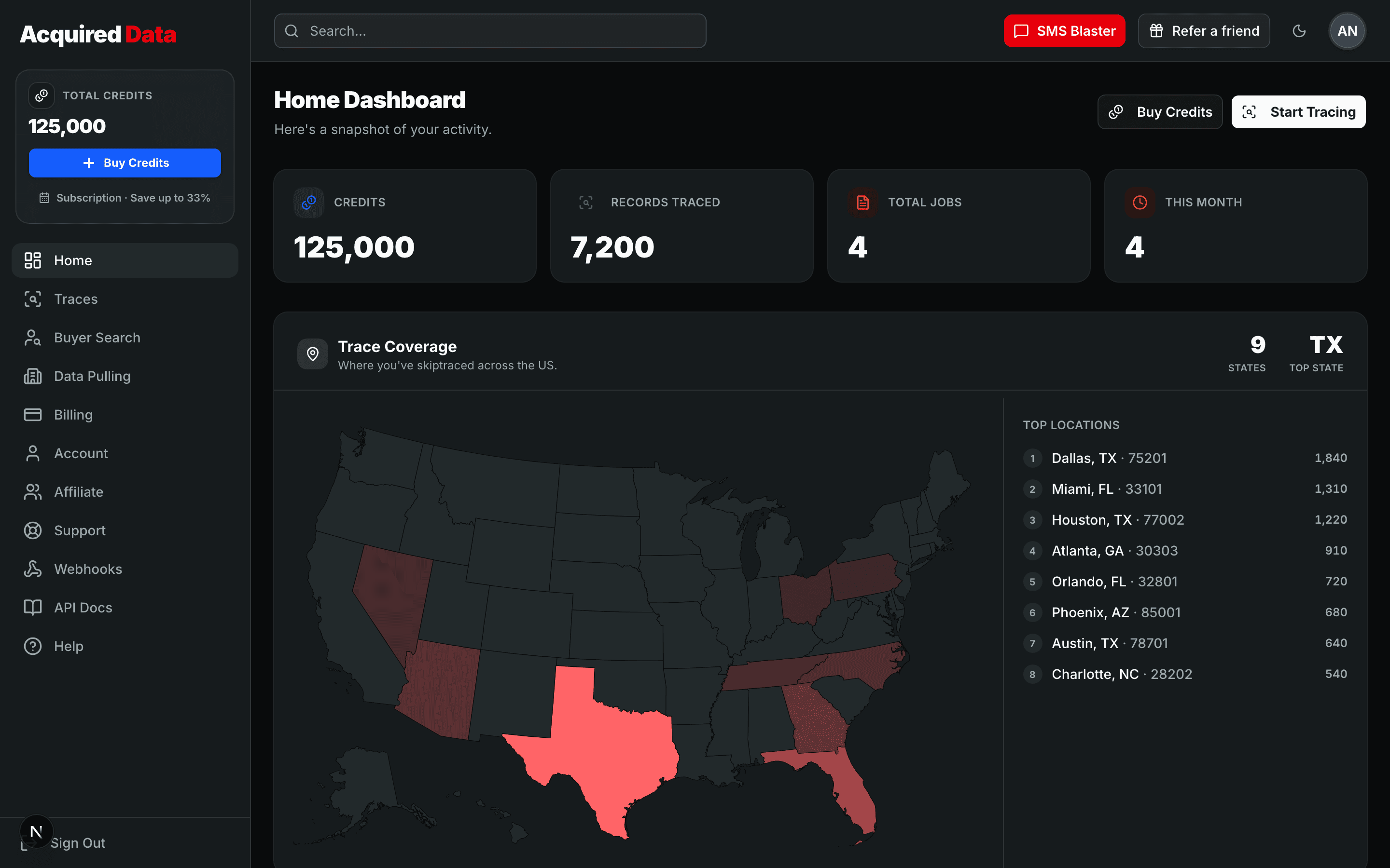 The dashboard Home page showing credit and records-traced stat cards, total jobs, and a US trace-coverage map with a Top Locations list.
