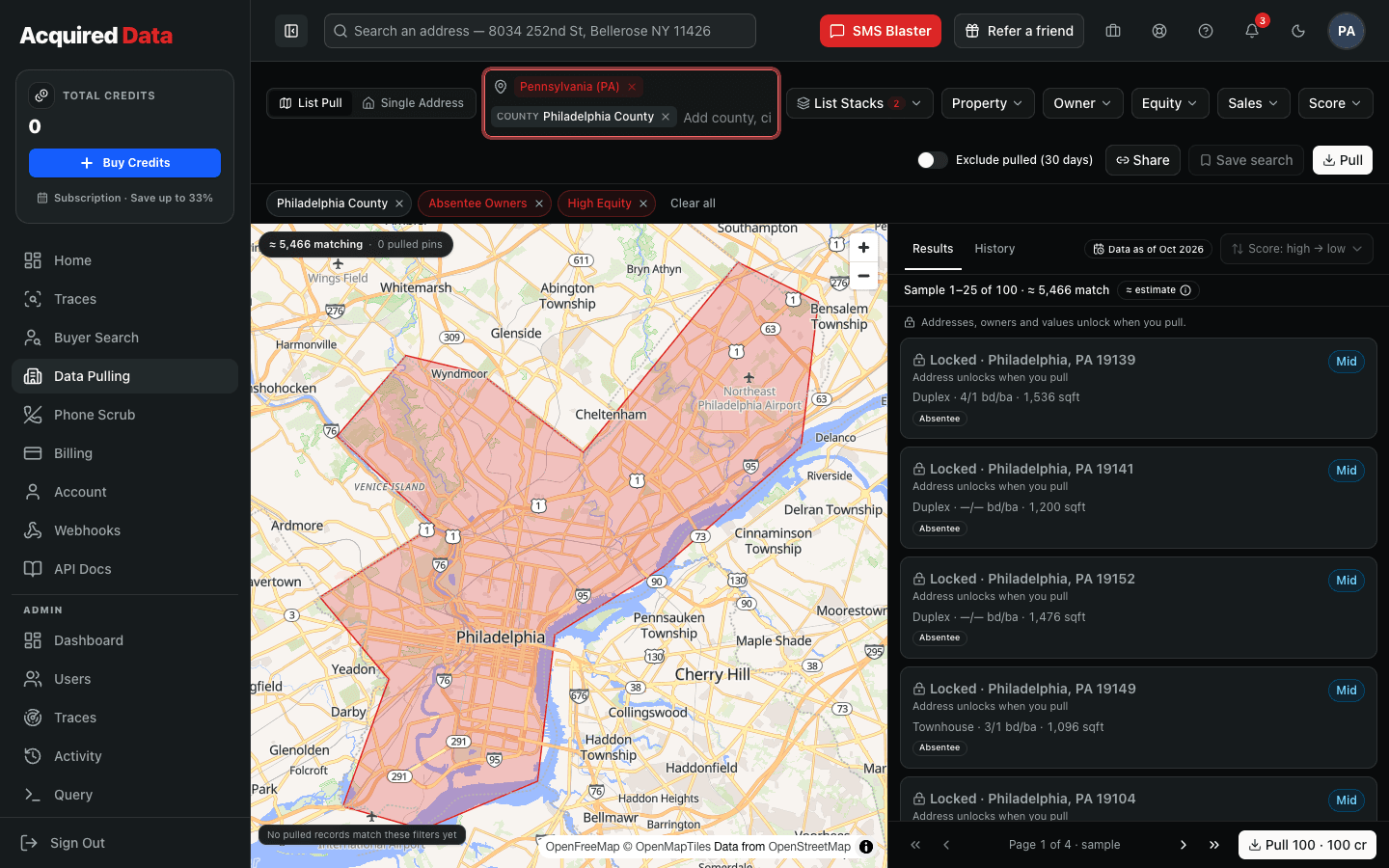 Data Pulling builder with Philadelphia County tinted on the map, Absentee Owners and High Equity stacked, and a results column of locked record cards priced at 1 credit each
