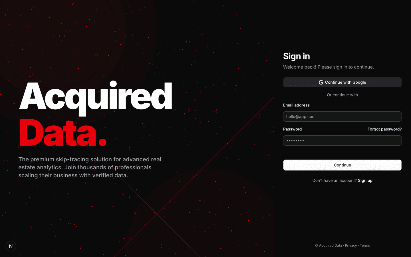 The sign-in page with a Continue with Google button above the email and password form.