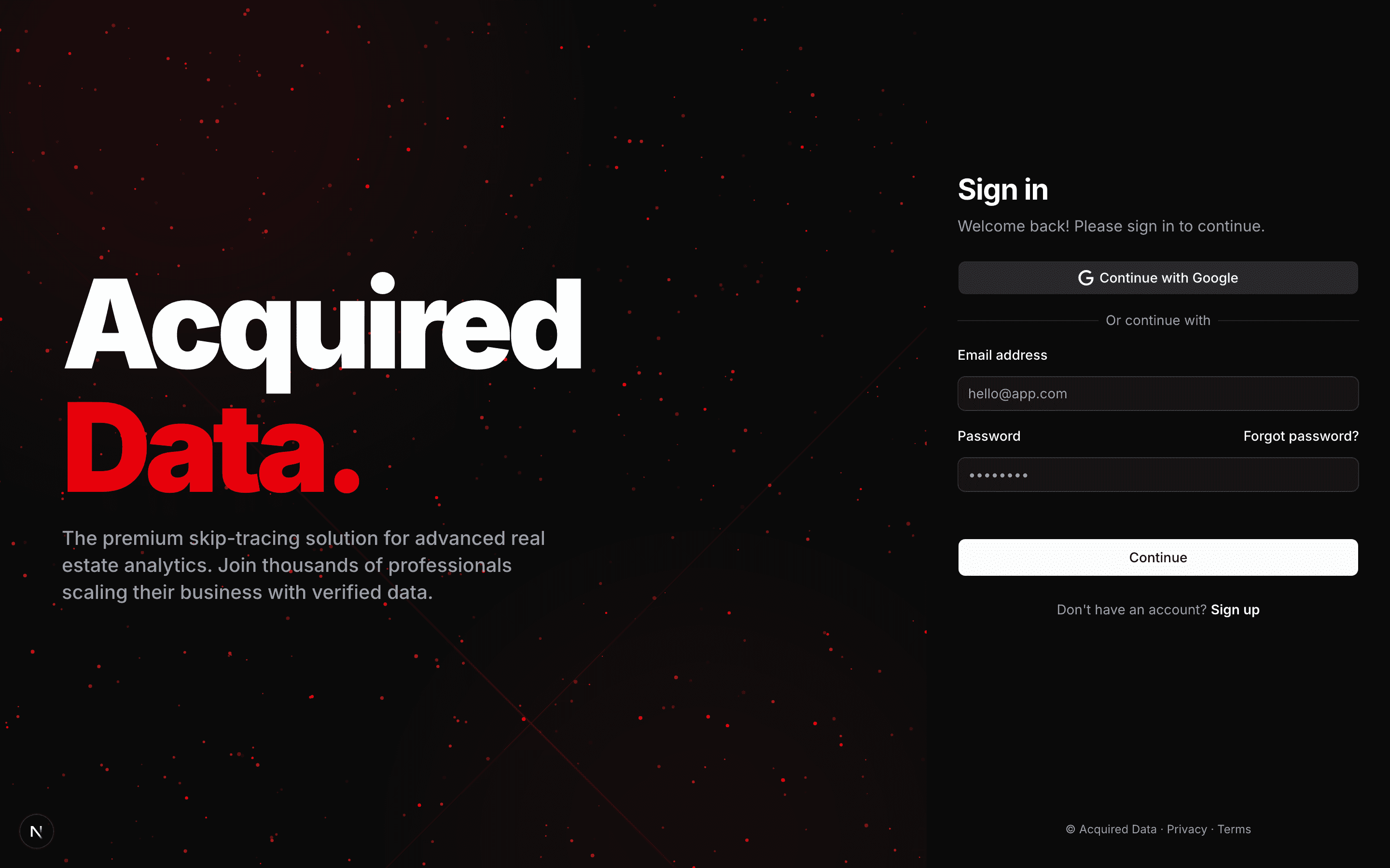 The sign-in page with a Continue with Google button above the email and password form.
