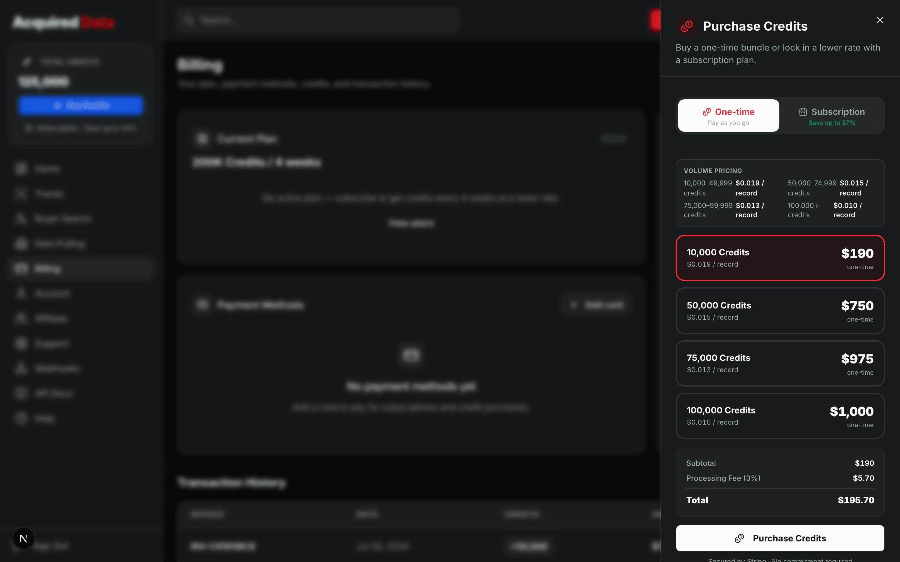 The Purchase Credits panel with One-time and Subscription tabs, volume pricing tiers, selectable credit packs, and a total that includes the processing fee.