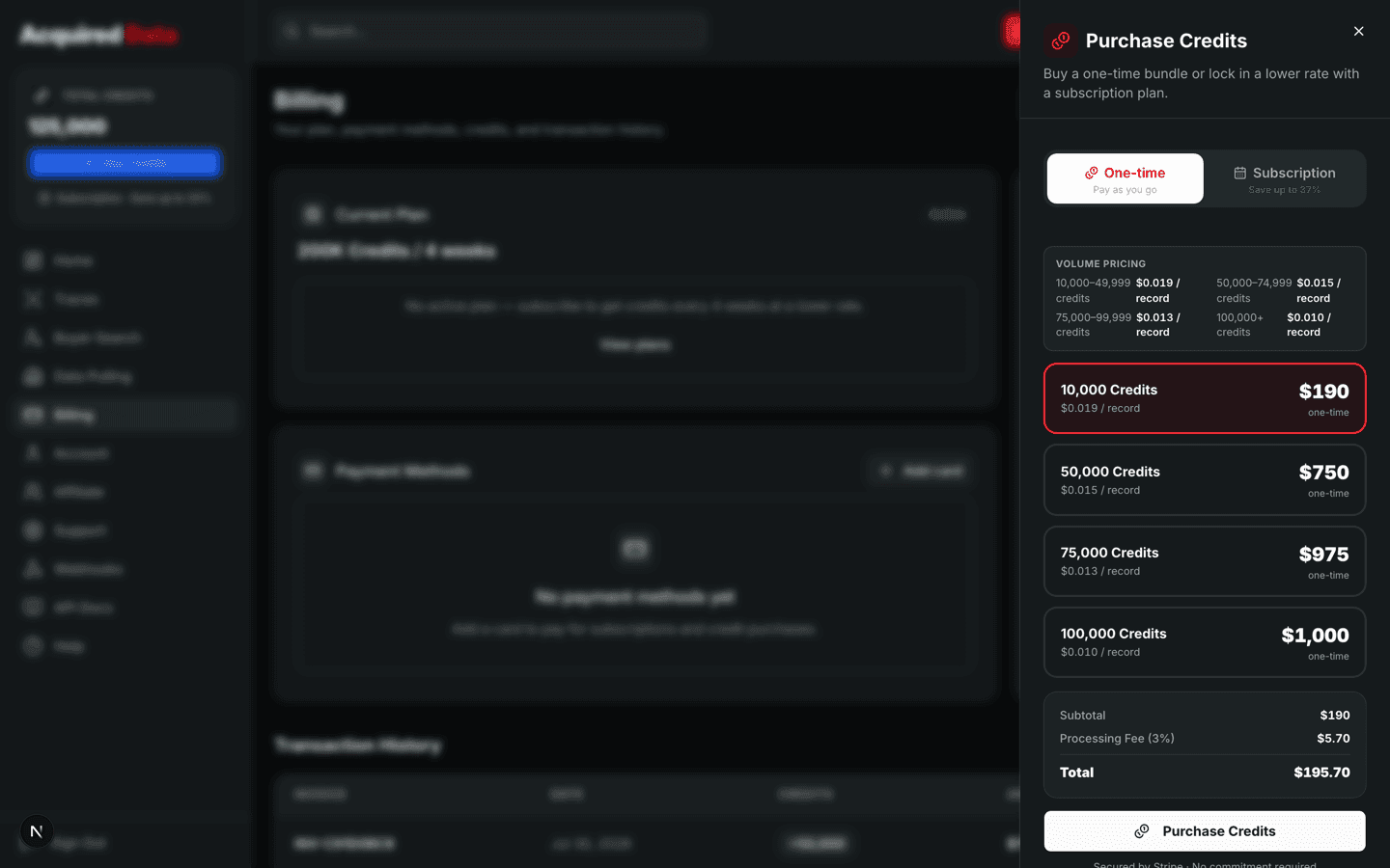 The Purchase Credits panel with One-time and Subscription tabs, volume pricing tiers, a credit quantity slider, and an order total.