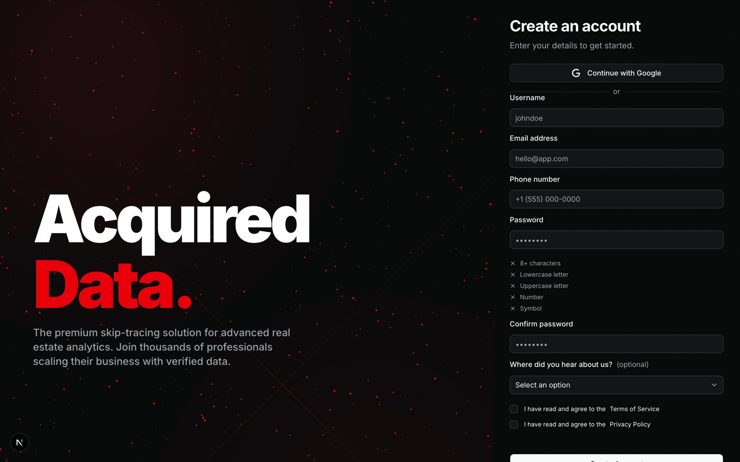 The Create an account signup form with username, email, phone, and password fields, a password requirements checklist, and Terms of Service checkboxes.