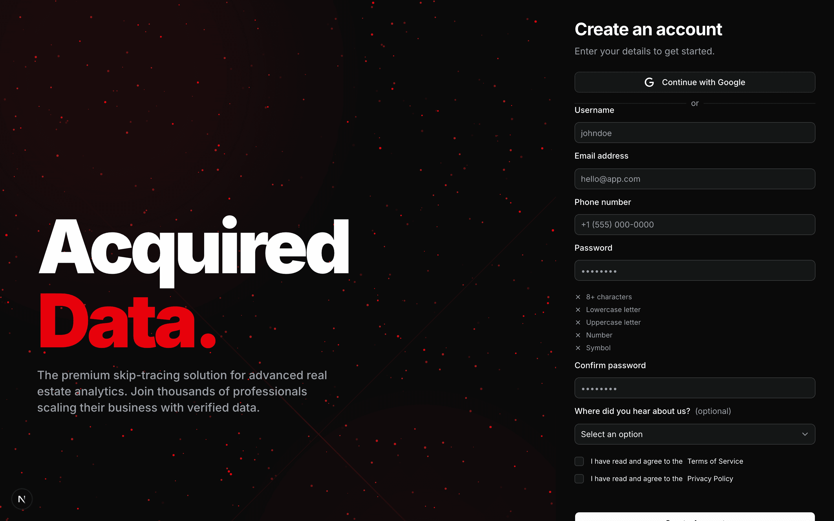 The Create an account signup form with username, email, phone, and password fields, a password requirements checklist, and Terms of Service checkboxes.