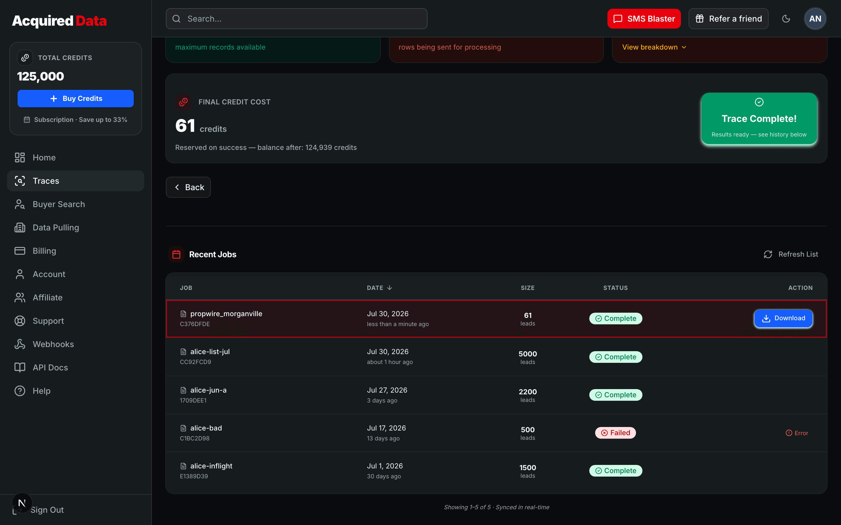 A finished bulk trace: a green 'Trace Complete!' confirmation and the new job highlighted at the top of Recent Jobs with a Complete badge, its lead count, and a Download button.