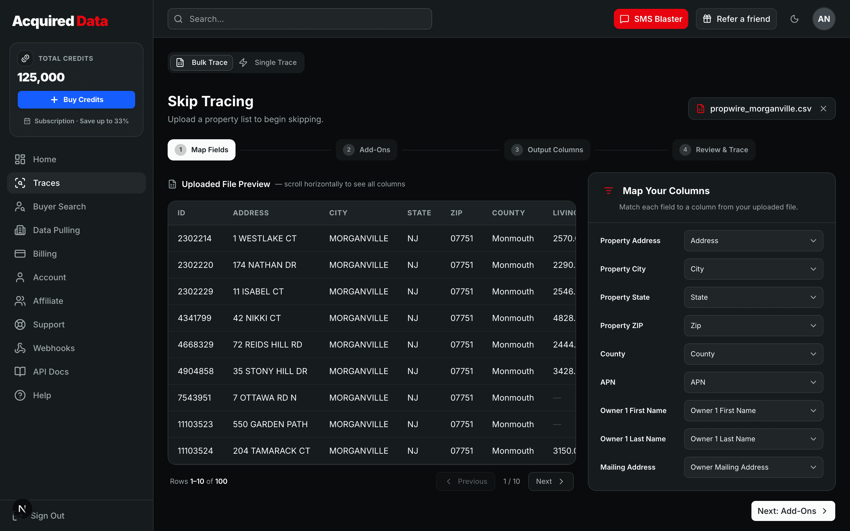 The Map Fields step showing an uploaded Propwire CSV: a preview table of property rows on the left and a 'Map Your Columns' panel on the right with Address, City, State, ZIP, County, APN, and owner name fields already auto-mapped.