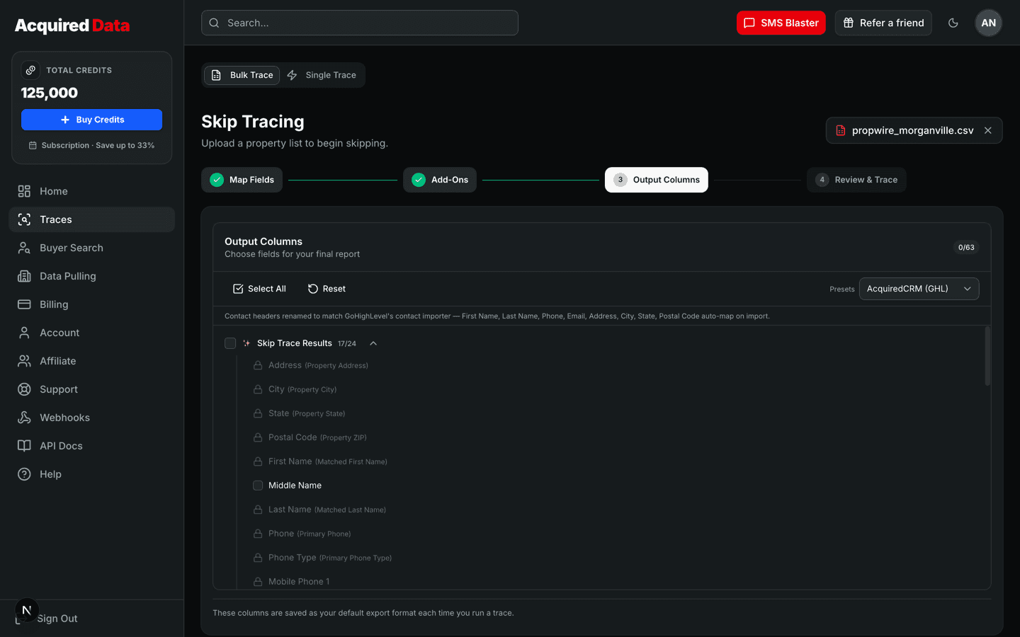 The Output Columns step with a Skip Trace Results column list — Address, City, State, Postal Code, matched first/last name, phones — locked core columns, a Select All control, and a Presets dropdown set to AcquiredCRM (GHL).