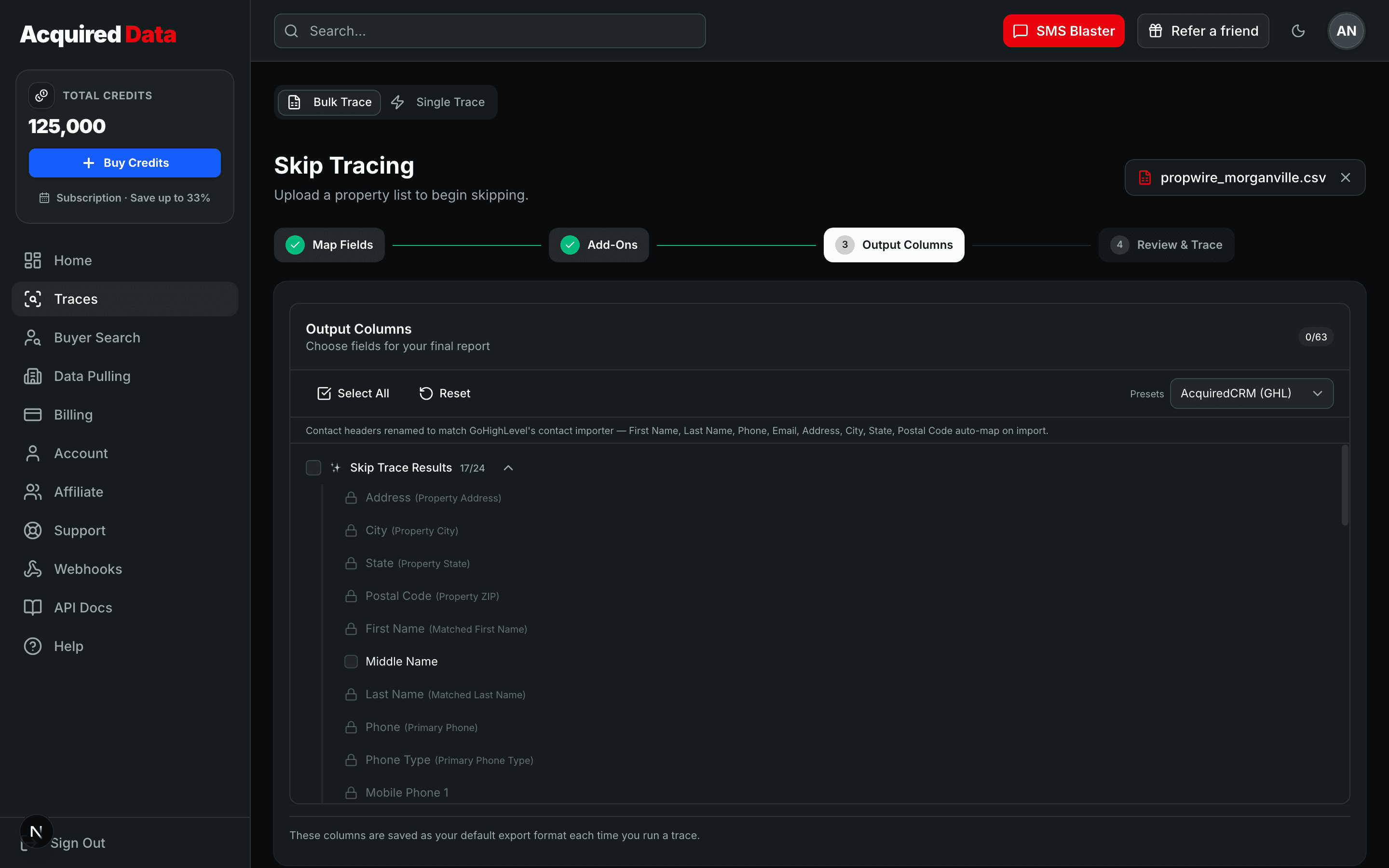 The Output Columns step with a Skip Trace Results column list — Address, City, State, Postal Code, matched first/last name, phones — locked core columns, a Select All control, and a Presets dropdown set to AcquiredCRM (GHL).