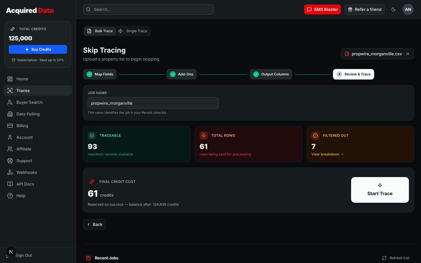 The Review & Trace step for a 100-row Propwire list: job name field, Traceable 93, Total Rows 61, Filtered Out 7 with a View breakdown link, a final credit cost of 61 credits with balance-after preview, and a Start Trace button.