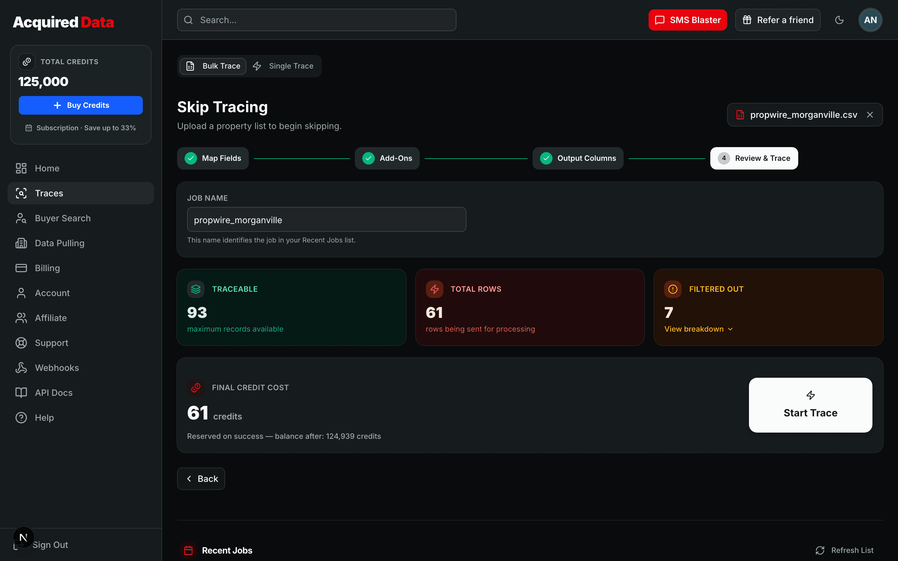 The Review & Trace step for a 100-row Propwire list: job name field, Traceable 93, Total Rows 61, Filtered Out 7 with a View breakdown link, a final credit cost of 61 credits with balance-after preview, and a Start Trace button.