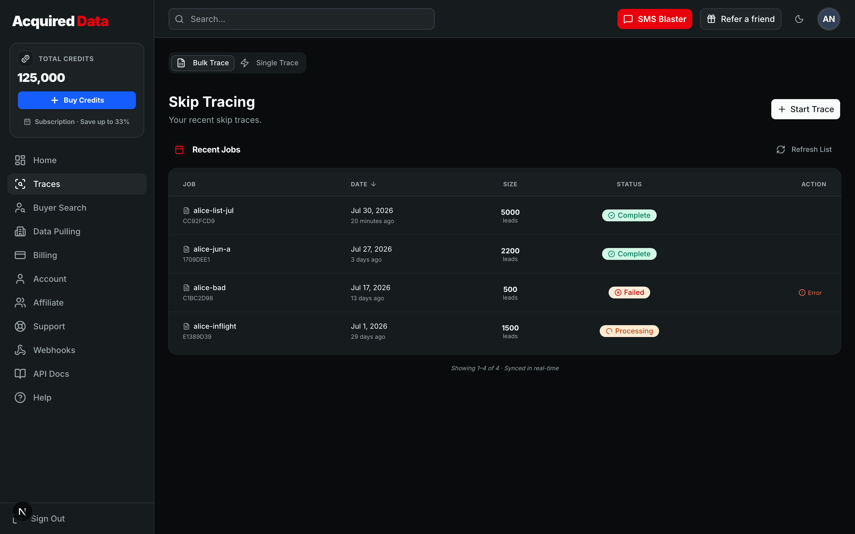 Traces page in the Acquired Data dashboard on the Bulk Trace tab, with a Start Trace button and a Recent Jobs table showing completed, failed, and processing jobs