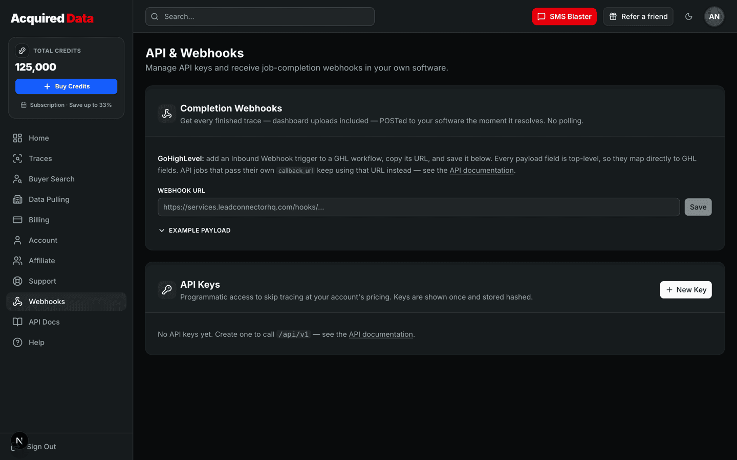 The API & Webhooks page with the completion-webhook URL field, a note about GoHighLevel, and the API Keys section.